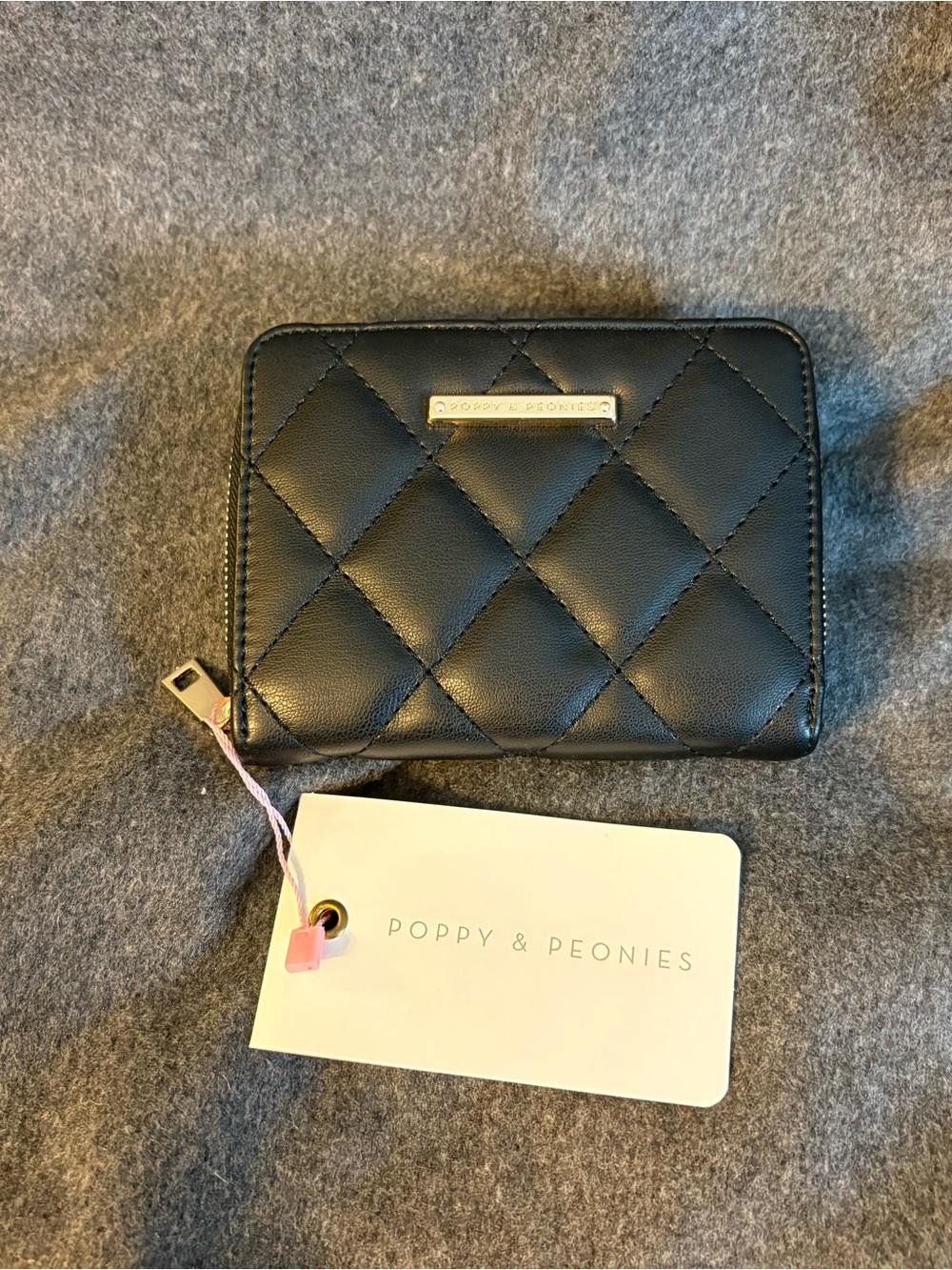 Poppy & Peonies Black Quilted Zip-Around Wallet with Gold Accents